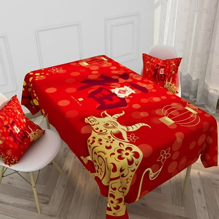 

jiaroswwei New Year Pattern Pinted Tablecloth Waterproof Dustproof Dining Table Cover Decor