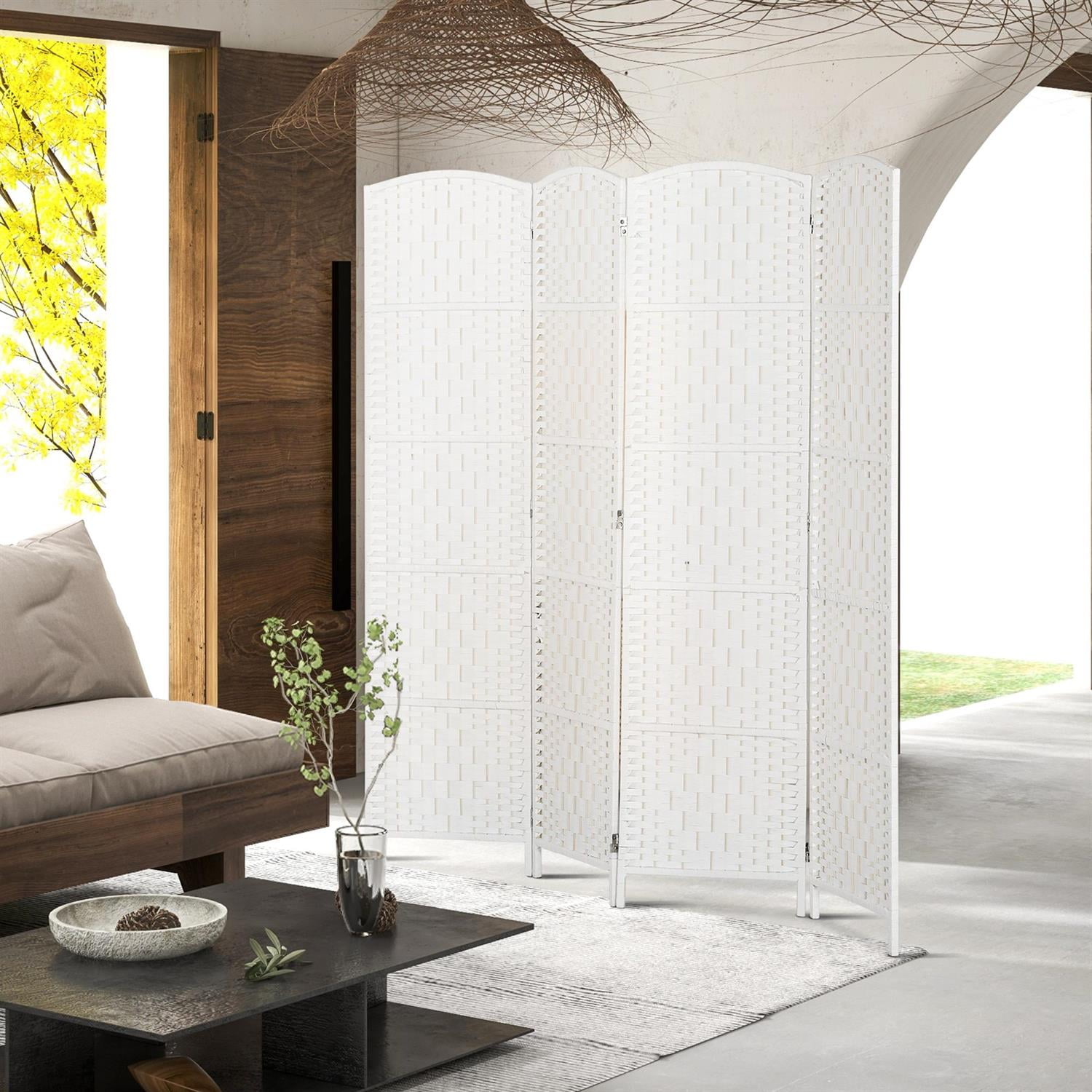 Demi Bonn 4-Panel Room Divider, 6FT Tall Portable Privacy Screen Weave Partition, Folding Wall Divider for Bedroom Spaces, White