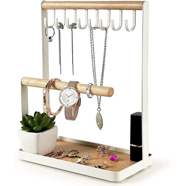 Soporte para joyas, collar escalonado, bandeja para pendientes, organizador de anillos de madera, 8 ganchos, collares de almacenamiento, pulseras, anillos y relojes en el escritorio Zhivalor HY-1744