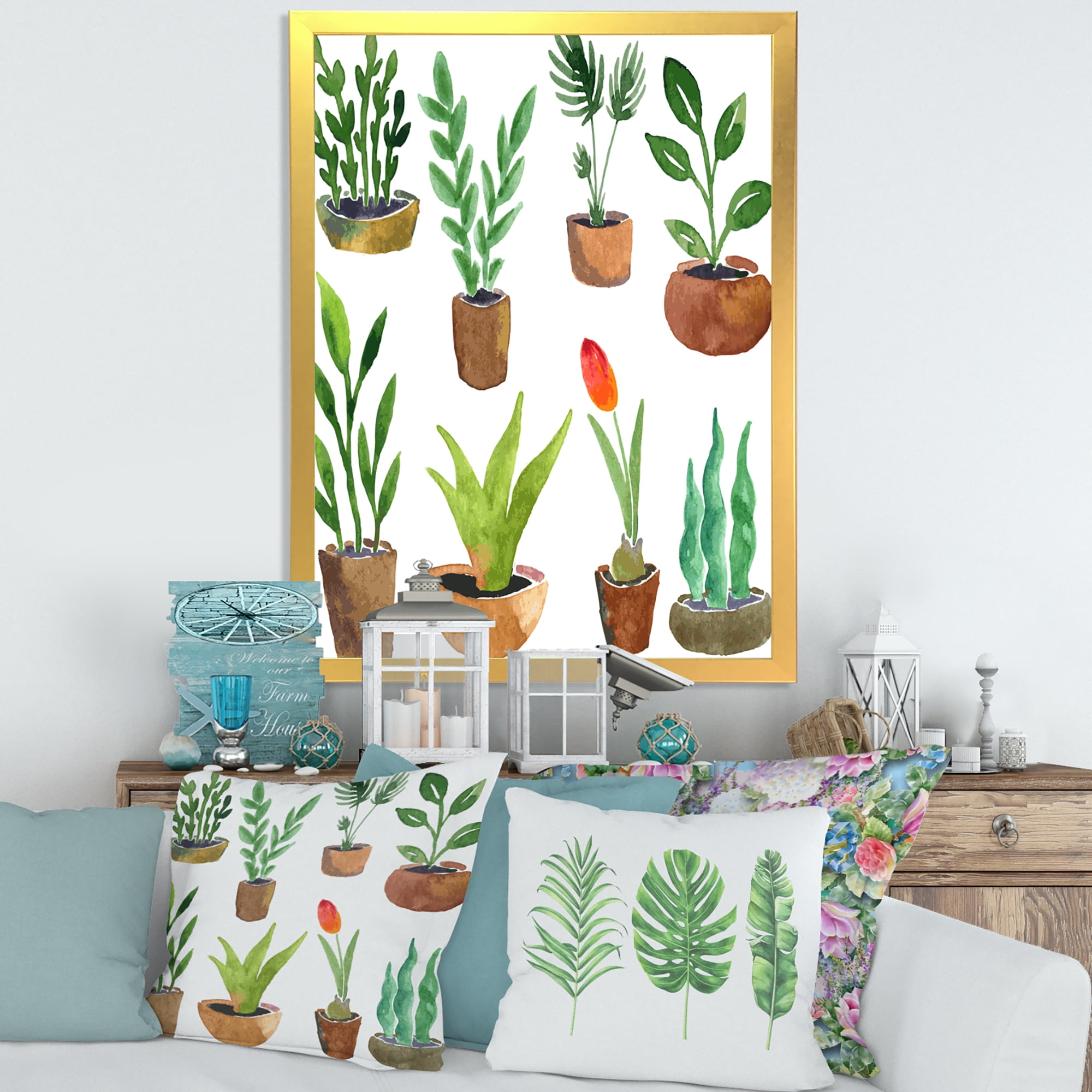 Designart 'Eight House Plants In Claypots' Traditional Framed Art Print