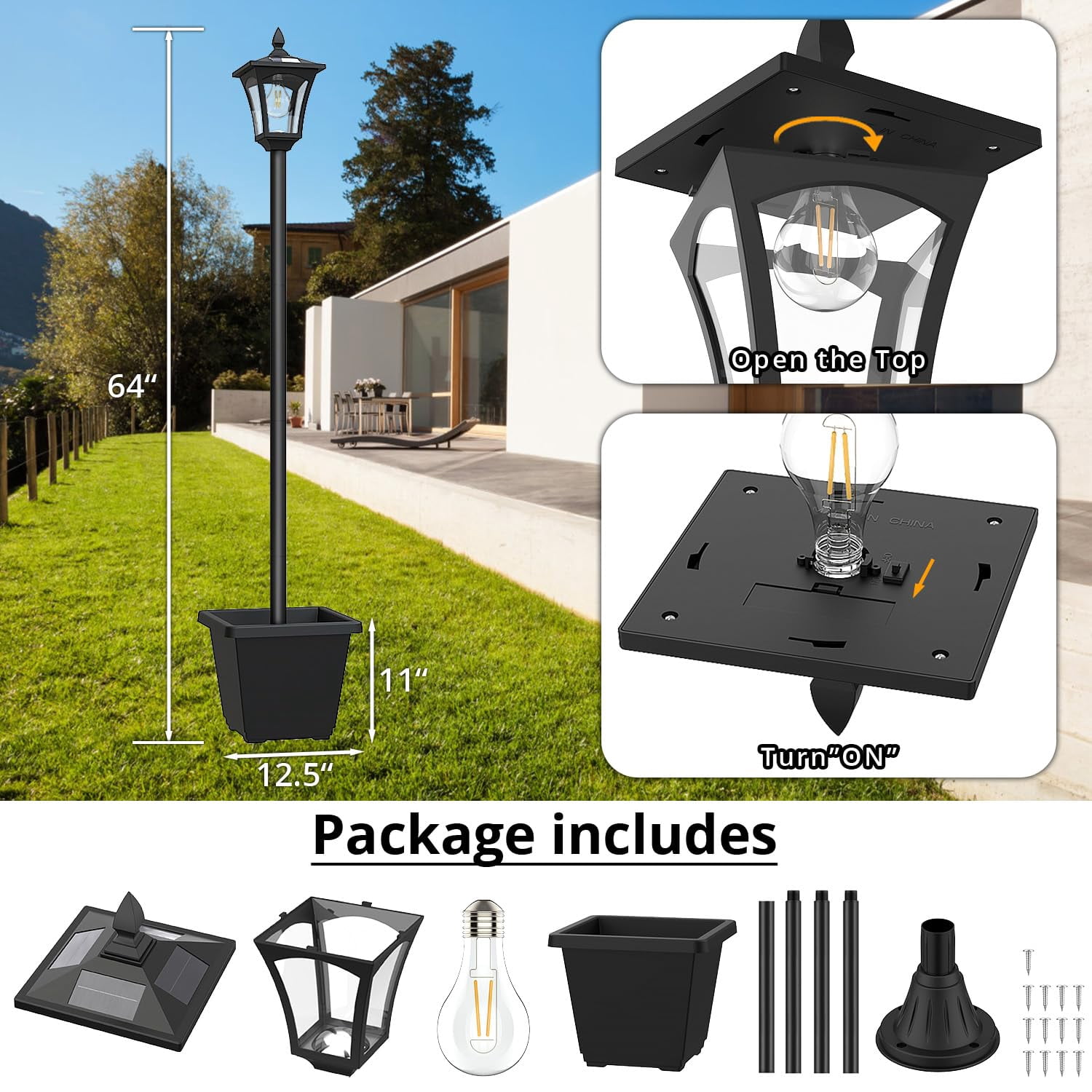 64" Solar Lamp Post Light with Planter, 60 Lumen Street Light Outdoor Waterproof, Outside Pole Lamp Dusk to Daw for Pathway, Garden, Driveway, Lawn, Front Back Door, 6000K Cool White
