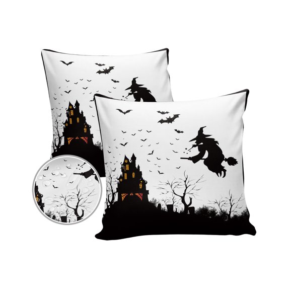 Pack of 2 Outdoor Pillow Covers, Halloween Silhouette Castle Party Witch Bats Waterproof Square Throw Pillowcase Cushion Decorative Pillow Covers for Couch Patio Tent, 18x18 in
