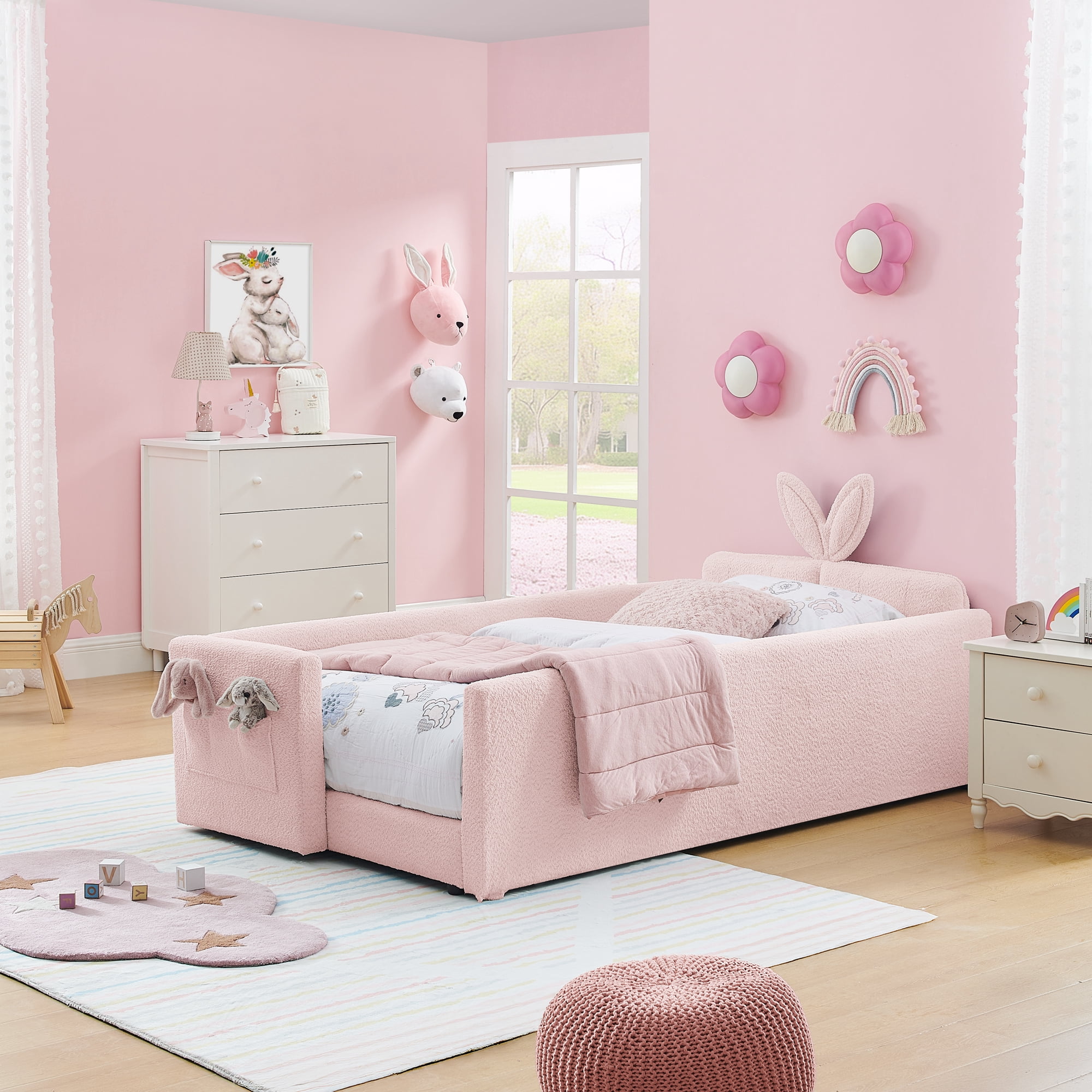 Oufan Twin Size Platform Bed w/ Rabbit Ear Shaped Headboard, Boucle Bed Frame w/ Safety Rail & Wooden Slats Support for Girls, No Box Spring Needed