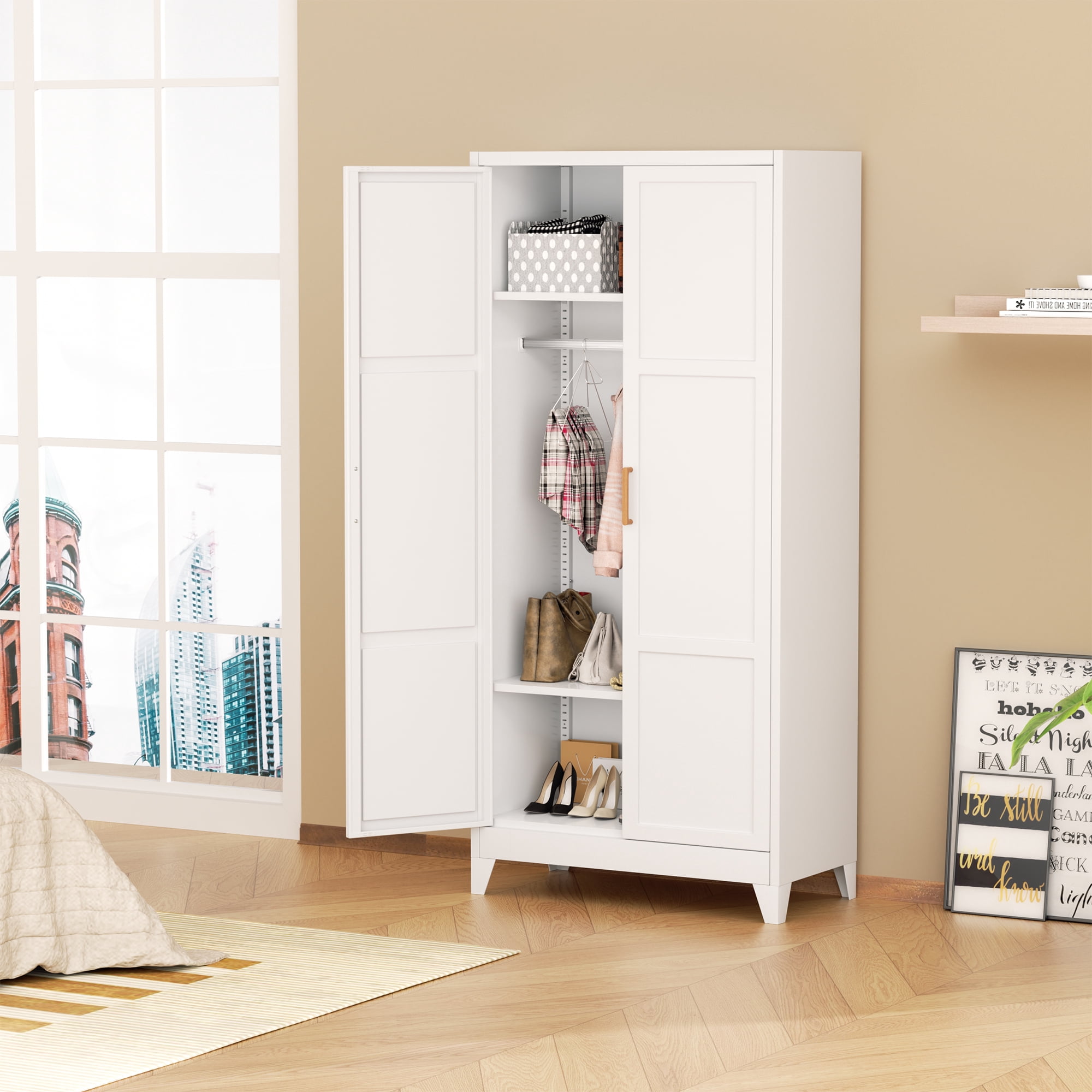 SUNCROWN Metal Wardrobe Cabinet with Wooden Handle, 72" Metal Wardrobe Closet with Hanging Rods and Adjustable Shelves, Steel Storage Locker Closet for Home, Office, Employee, Gym (White)