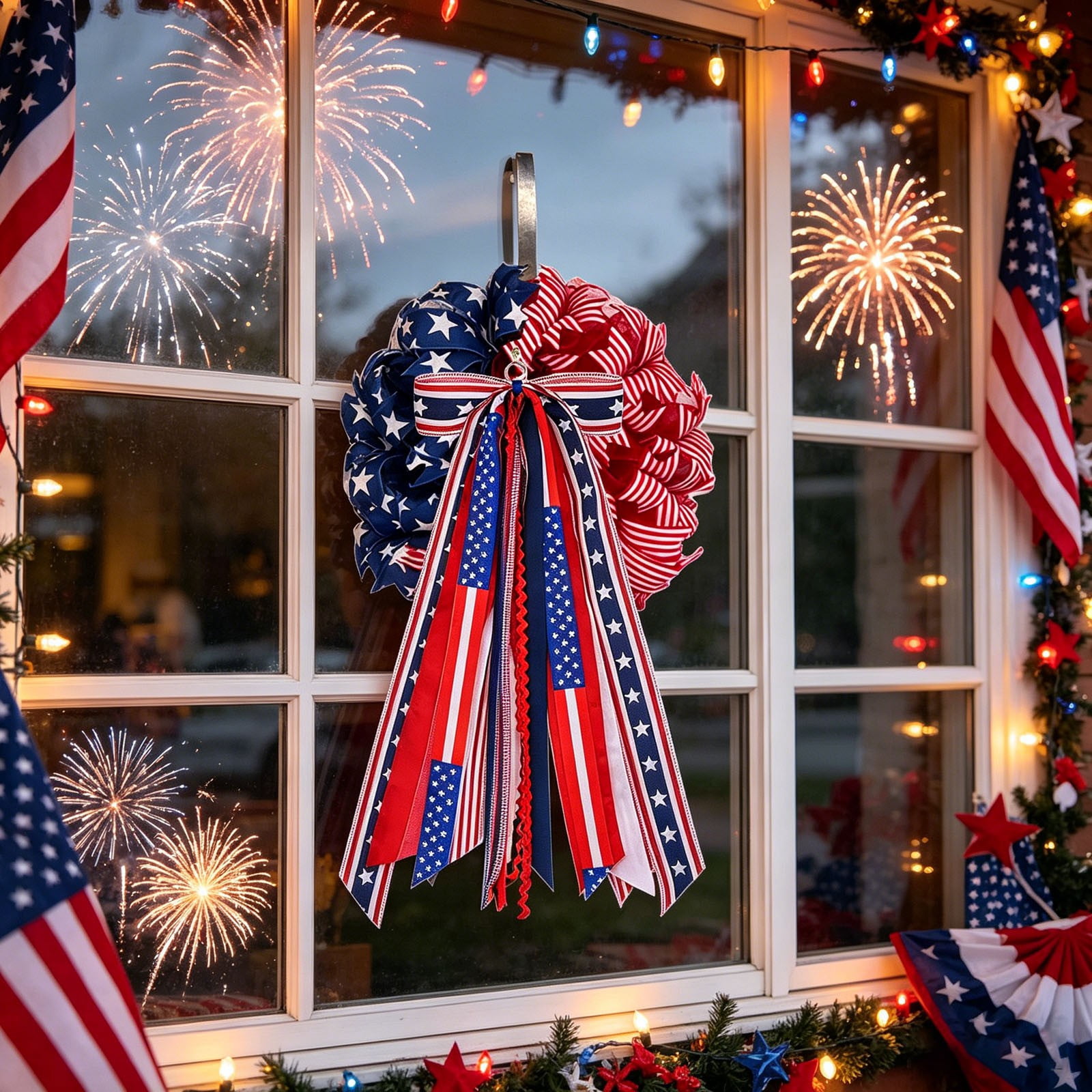 Patriotic Wreath Sash for Front Door with Star Charm, Assorted Ribbon Bundle Red White Blue, 4th of July Clip On Bow for Indoor Outdoor Memorial Day Independence Day Decor 2 Pcs