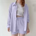 thumbnail image 2 of RUTAYY Children Girls Outfits Sets Casual Summer Fall Solid Color Lapel Long Sleeve Pocket Shirt High Waist Drawstring Pocket Shorts Bohemian Style, 7-8 Years, 2 of 9