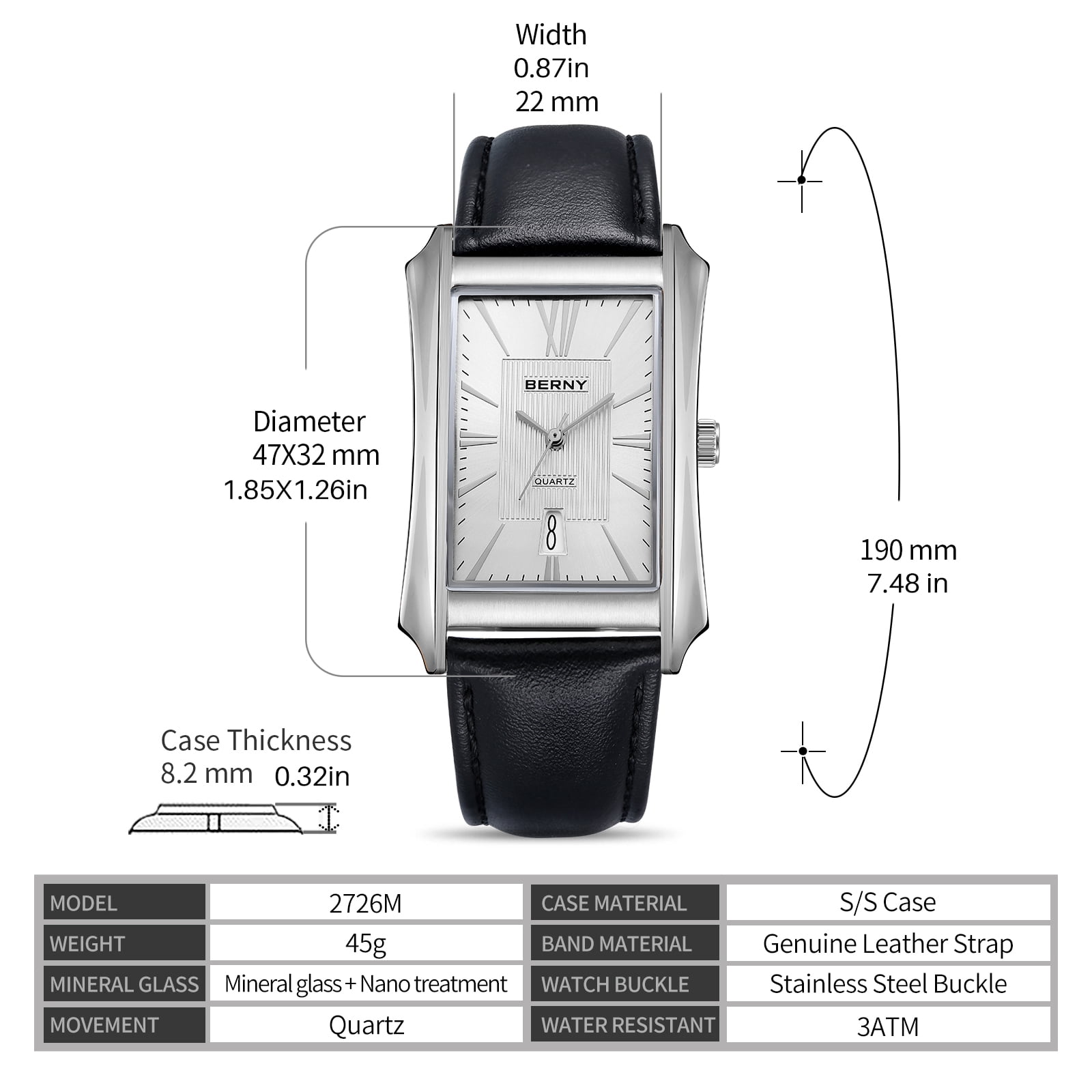 BERNY Men's Leather Watch, Vintage Stainless Steel Rectangular Case Roman Dial Dress Analog Watch with Date Calendar, Waterproof, Classic Business Quartz Wrist Watches for Men (White)