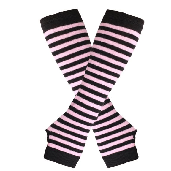 Zhuge Women's Winter Knitted Striped Arm Warmers, Long Fingerless Gloves for Punk Rock, Goth & Christmas Party, Black Pink