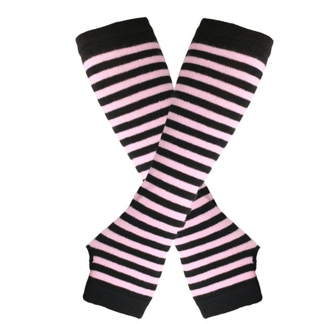 Zhuge Guantes largos sin dedos a rayas para mujer, calentadores de brazos tejidos de invierno para punk rock, cosplay, gótico y fiestas navideñas, color negro y rosa