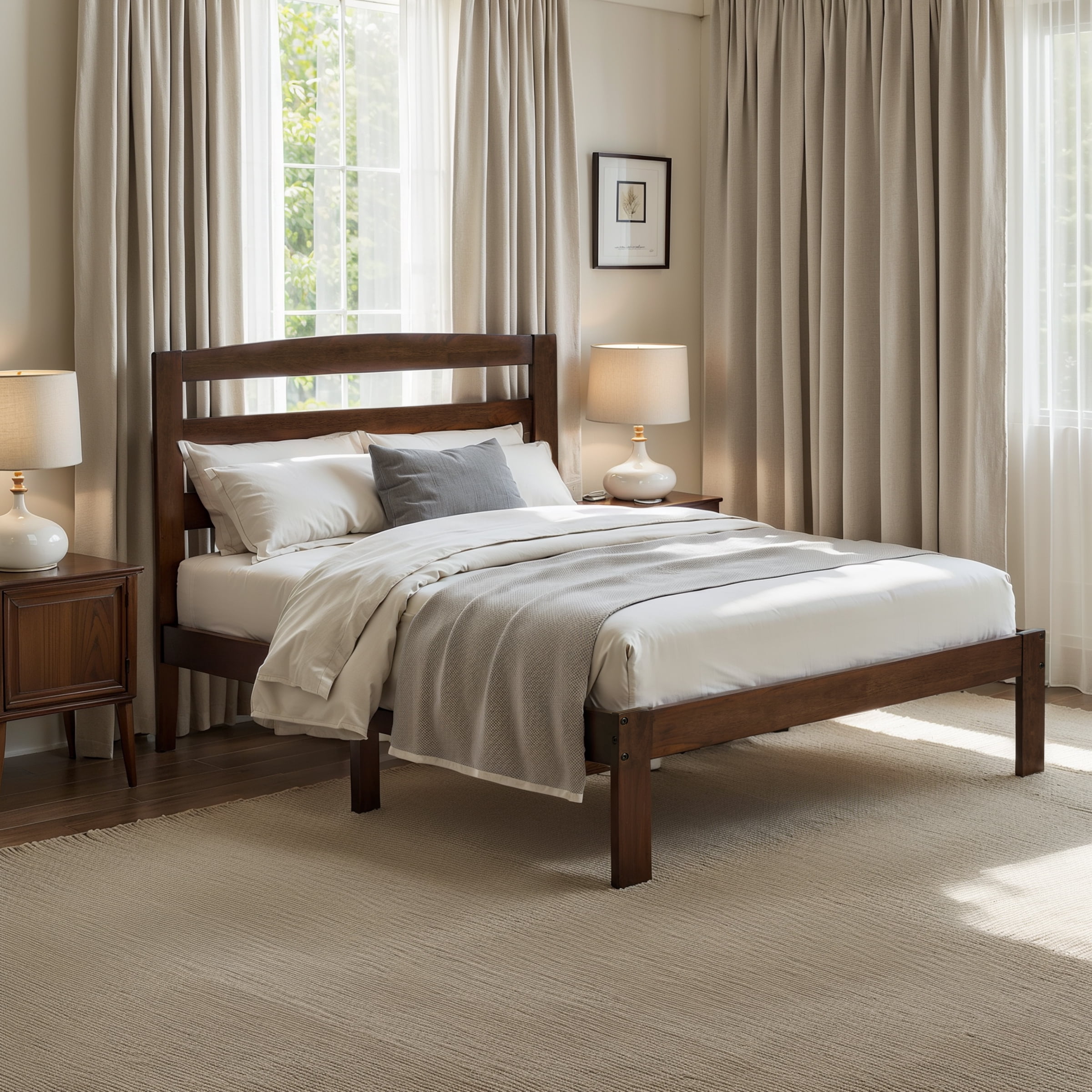 Twin Bed Frame, Wood Bed Platform with Headboard, No Box Spring, Dark Walnut