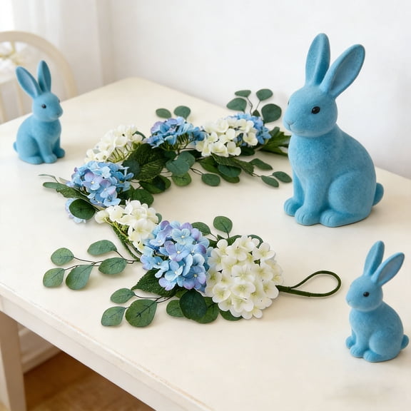 71.6in Artificial Hydrangea Flower Garland, Spring Summer Flower Garland , Blue White Hydrangeas Floral Garland with Eucalyptus Leaves,for Wedding Party Table Decoration