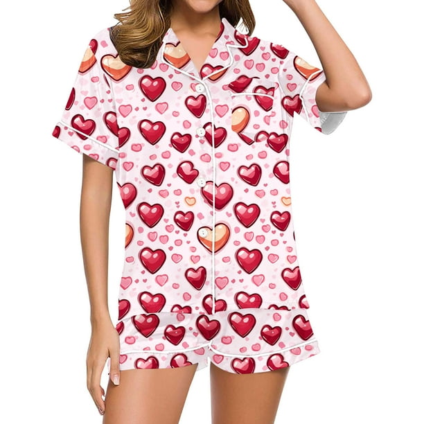 Conjunto de Verano para las Mujeres Día de San Valentín Amor Impreso Cuello de Manga Corta con Pantalones Cortos, Poliéster Ligero para el Uso Informal