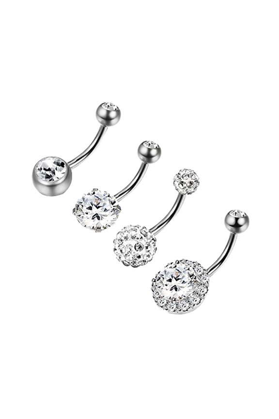 Pack Of 4 Women Rhinestone Round Ball Barbell Belly Button Ring Navel Piercing
