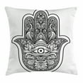 thumbnail image 1 of Hamsa Throw Pillow Cushion Cover, Boho Chic Style Line Art Religious Mascot with Third Eye Ethnic Mehndi Tattoo, Decorative Square Accent Pillow Case, 18 X 18 Inches, Black and White, by Ambesonne, 1 of 1