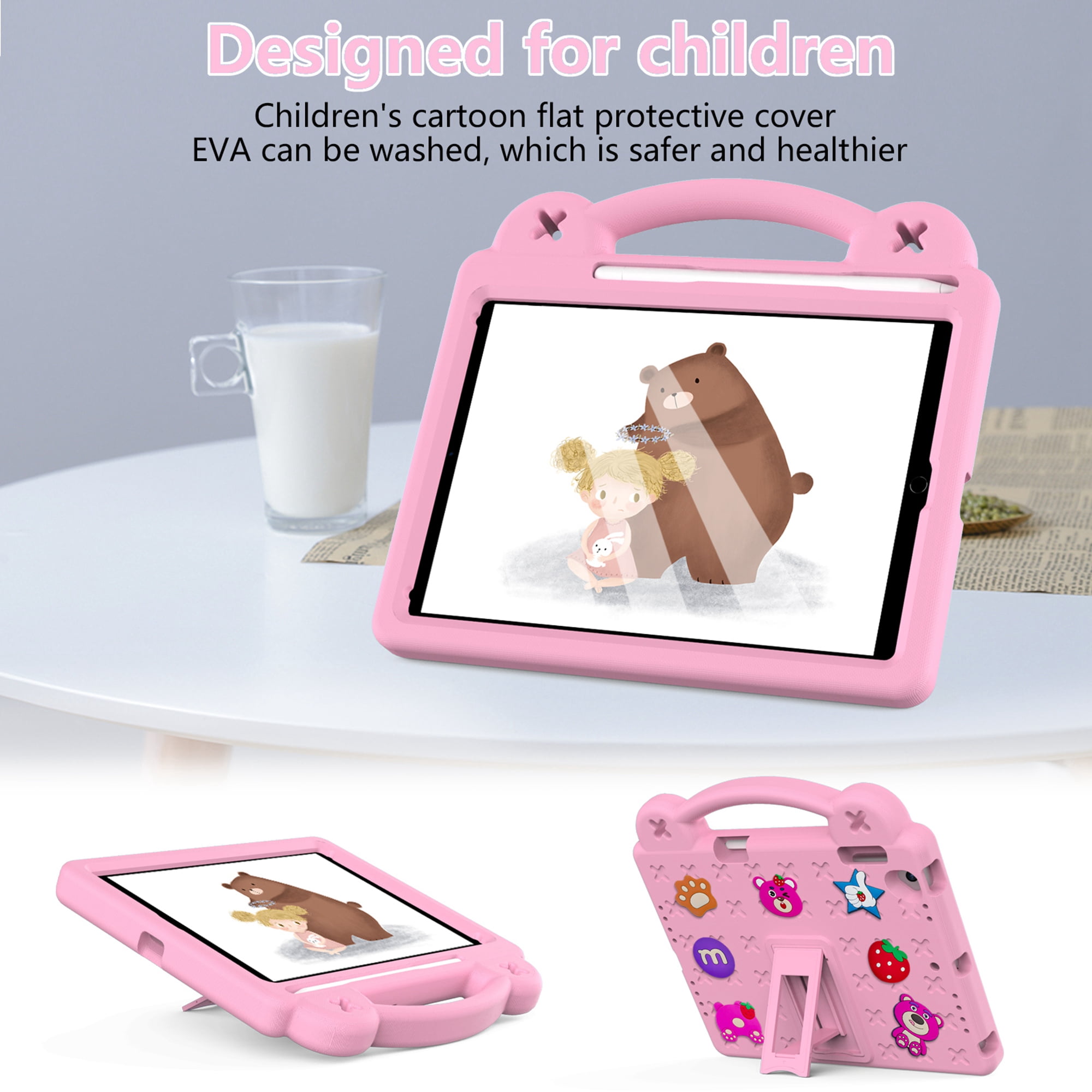 Dteck Kids Case for iPad 6th/5th Generation / iPad Air 2 / iPad Air 9.7 Inch, DIY Cute Cartoon Toys for Kids Child Proof Shockproof iPad 9.7 Case with Handle Stand Pencil Holder,Pink