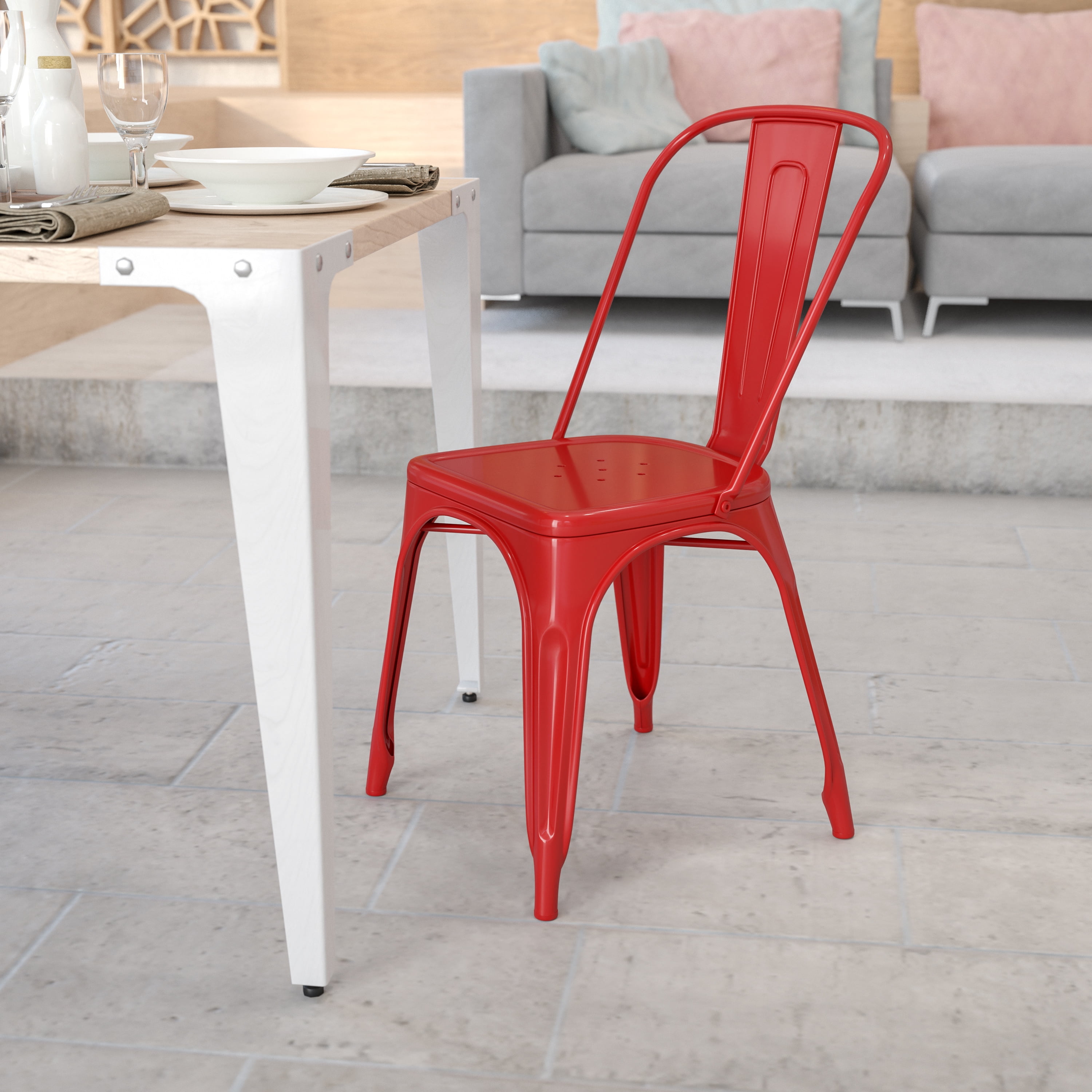 BizChair Commercial Grade Red Metal IndoorOutdoor Stackable Chair