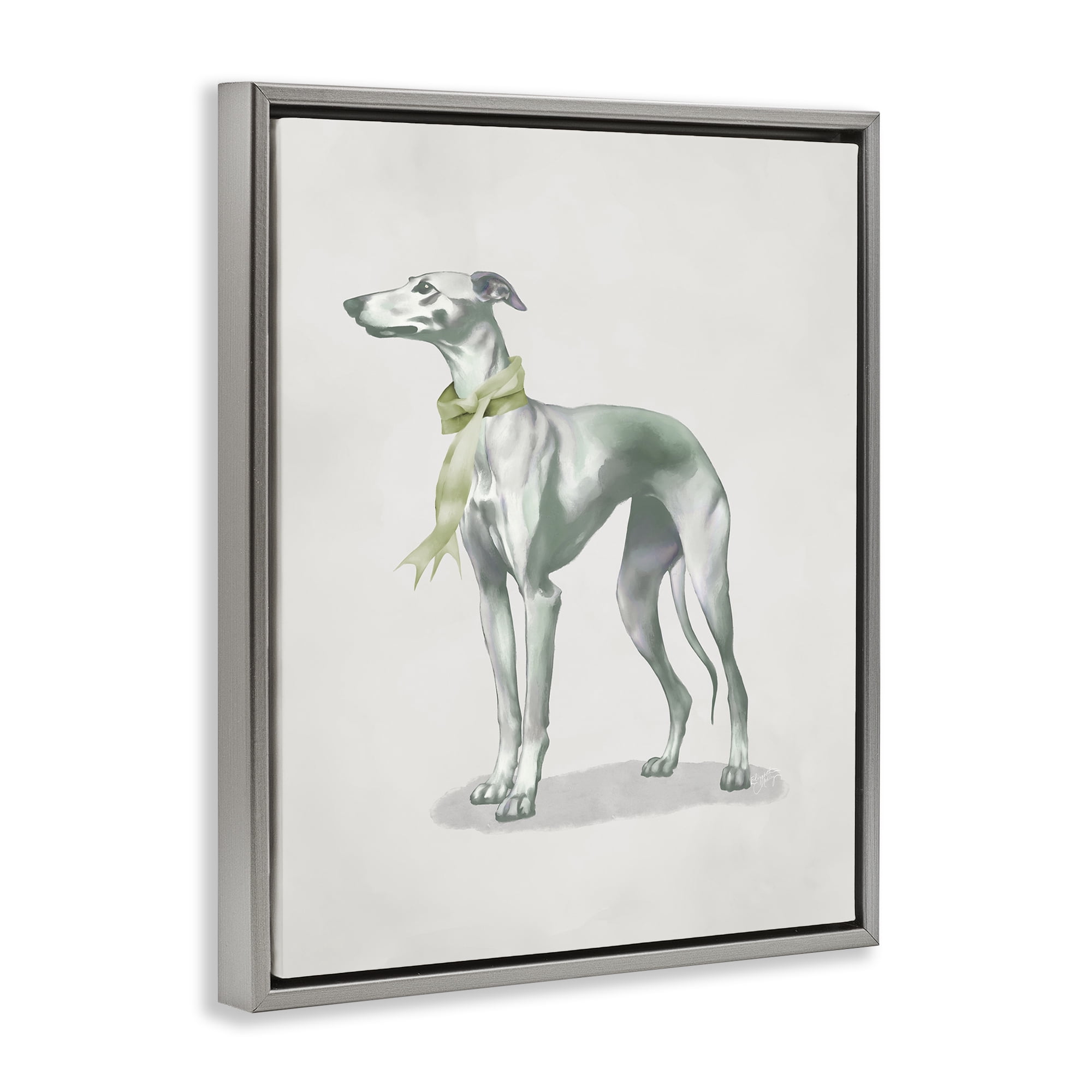 Stupell Industries Graceful Dog & Ribbon Gray Framed Floater Canvas Wall Art, design by Elizabeth Medley