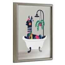Kate and Laurel Blake Mid Century Modern Llama in the Tub Framed Printed Glass Wall Art by Rachel Lee of My Dream Wall, 16x20 Gray, Adorable Llama Art for Wall