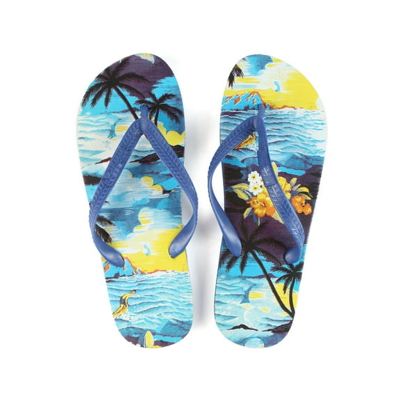 Hawaiian Print Sunset Beach Palm Hibiscus Wave Men Flip Flops Sandals in Blue Sunset Size 9