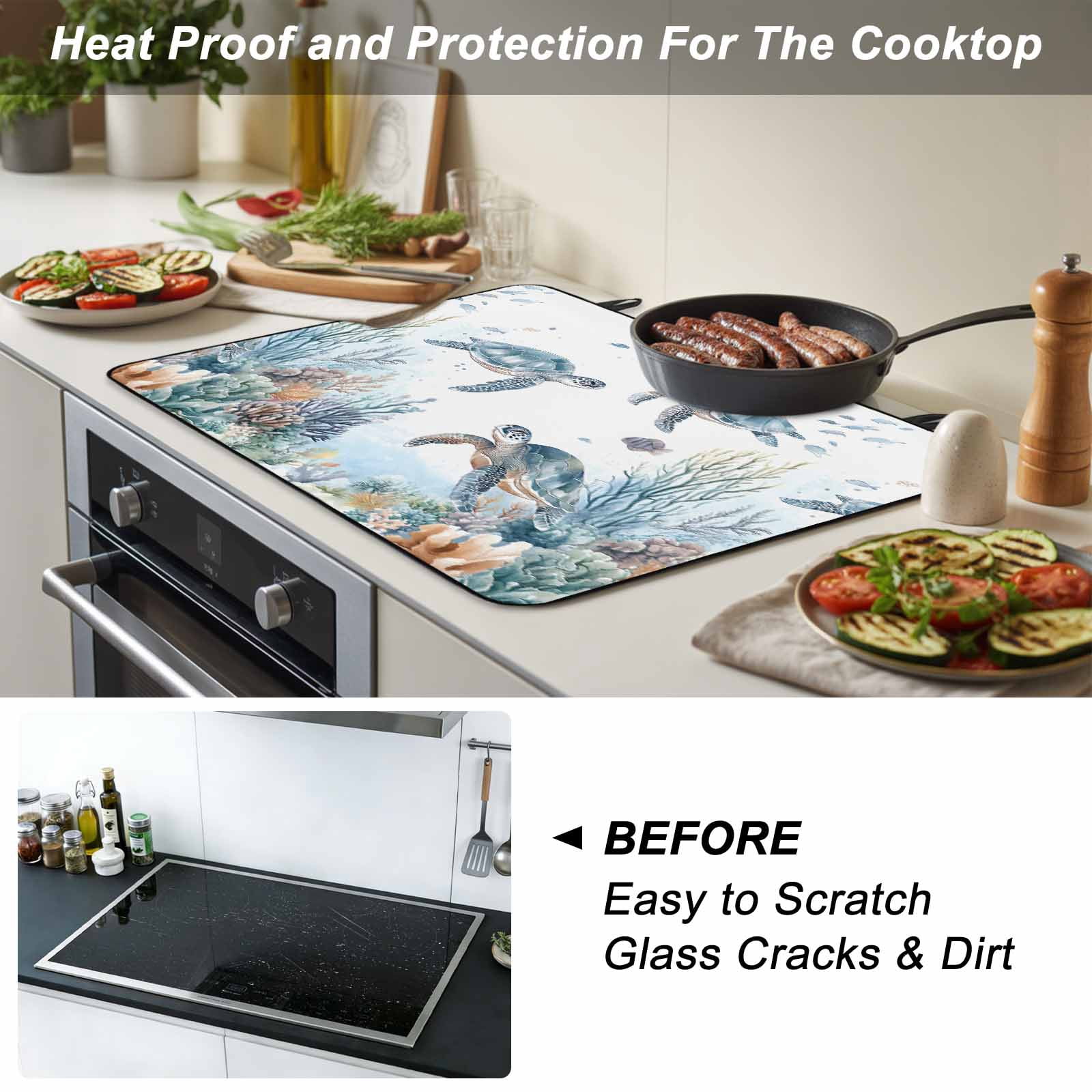 Sea Turtle Coastal Stove Top Cover for Electric Stove, Heat-proof & Non Slip Glass Top Stove Cover Protector, Summer Beach Coral Ocean Blue Nautical Kitchen Flat Cooktop Rubber Mat 24x21 Inches
