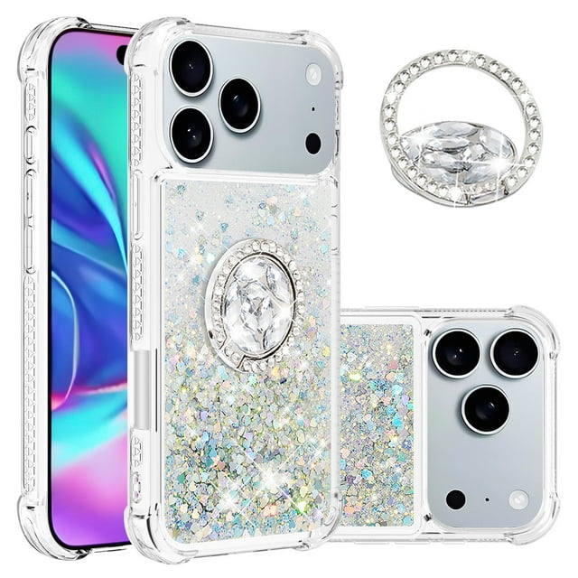 GANGXUN Funda Glitter Líquida para iPhone 17 Pro con Anillo Brillante, TPU Antichoques y Esquinas Reforzadas, Soporte