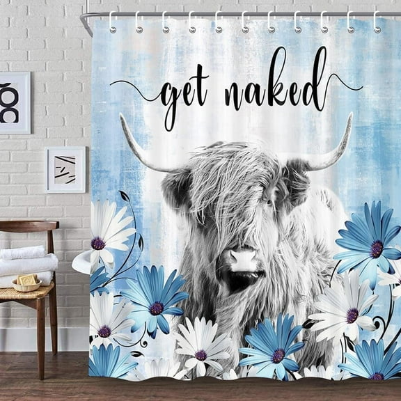 Western Cow Shower Curtain, Blue Daisy Floral Flowers and Butterfly on Country Wooden Shower Curtain for Bathroom, Funny Farmhouse Grey Highland Cow Bathroom Accessories