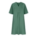 thumbnail image 5 of QUYUON Casual Summer Linen Dresses for Women V-Neck Short Sleeve Midi Dress Solid Color Loose Flowy A-Line Tunic Dress Mid-Length Dress Wedding Guest Evening Party Dress Style D-7134 Green S, 5 of 6