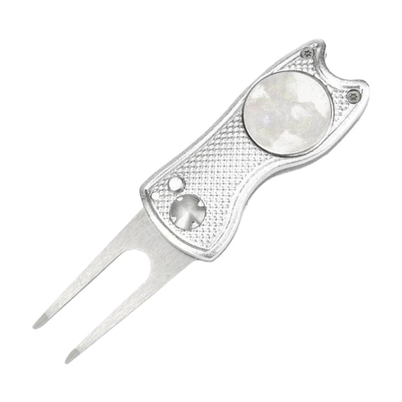 Herramienta portátil y plegable de metal para reparar divots de golf, marcador de bola magnético, navaja automática Plata