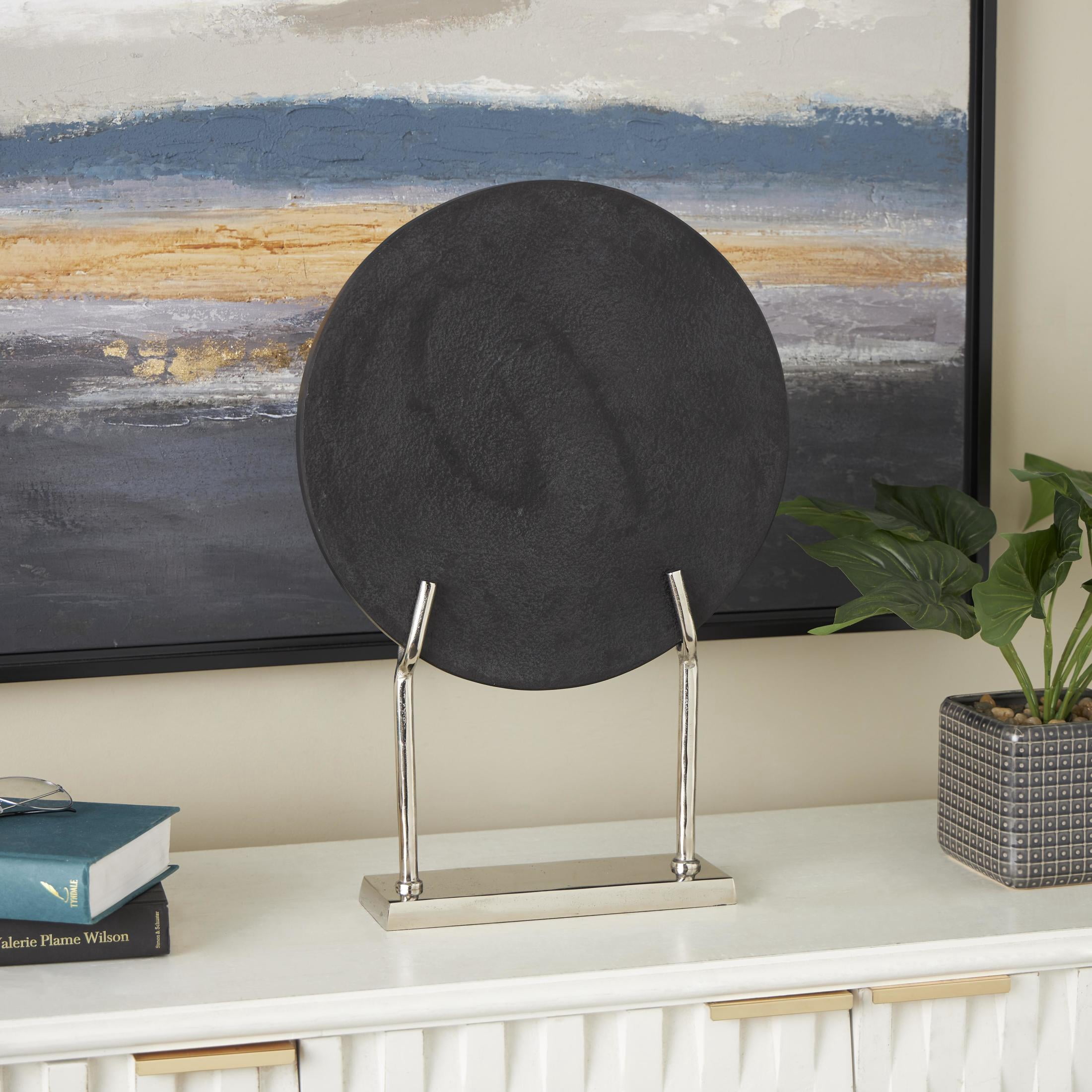 14" x 20" Black Marble Textured Disk Abstract Sculpture with Silver Stand, by DecMode