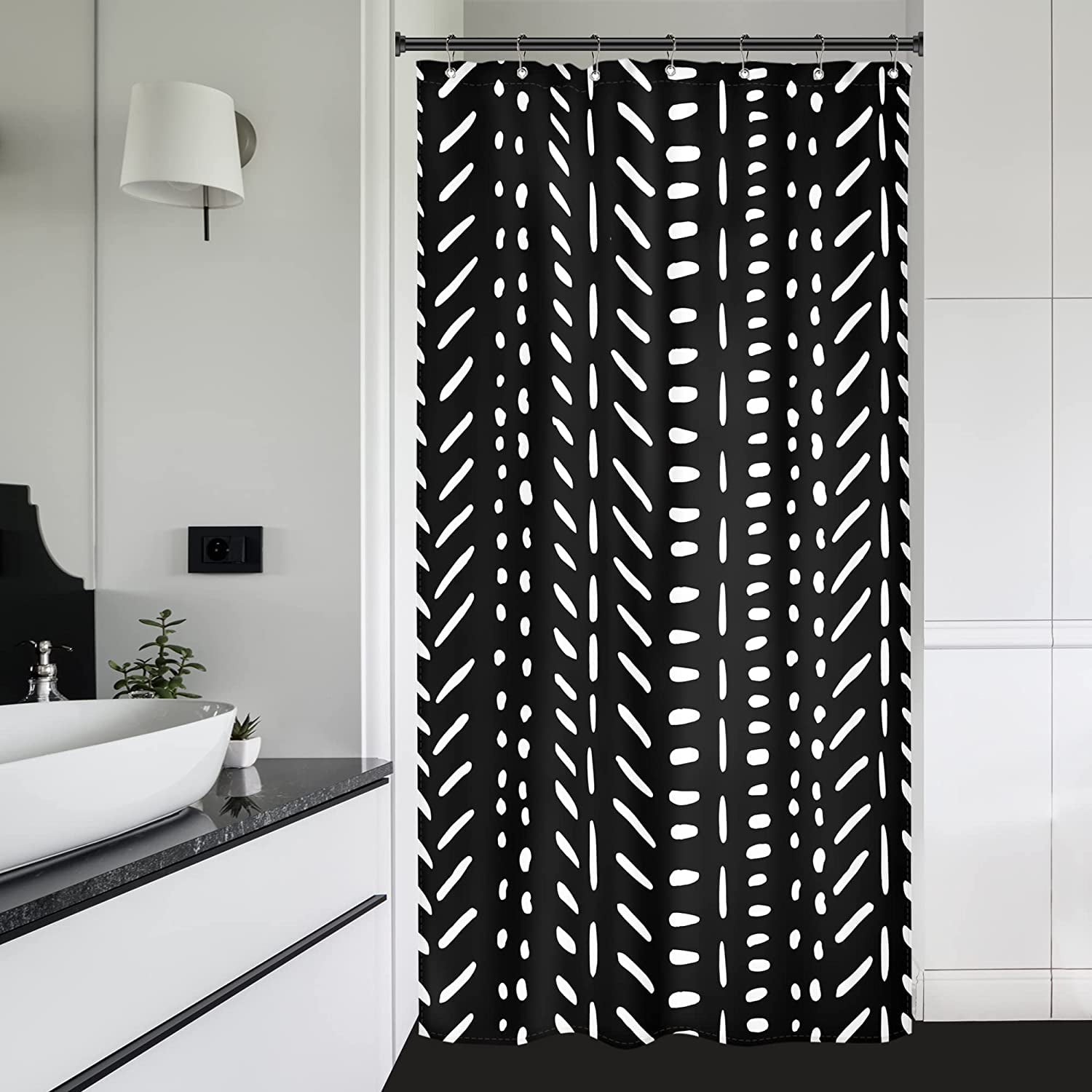 Boho Black Stall White Small Half Size Dorm Shower Curtain 36x72 Inch Chevron Geometric Herringbone Striped Single Narrow Tiny Walkin Stand Up Decor Fabric Bathroom Set Polyester Waterproof