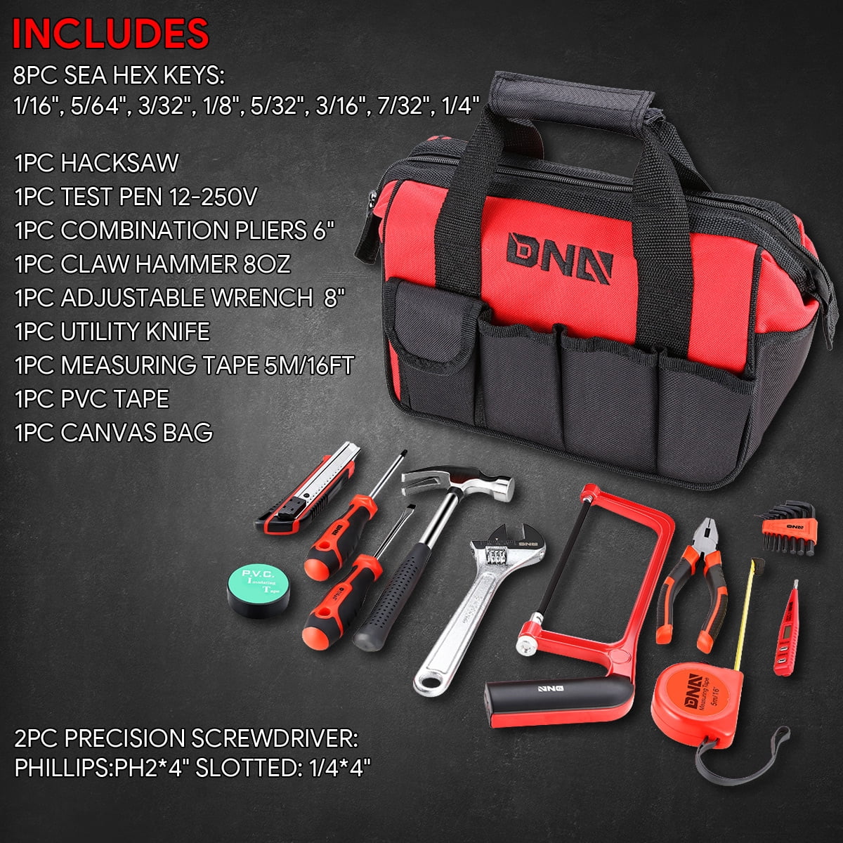 19-Piece Tool Set - Portable Household Hand Tool Kit with Wide Mouth Canvas Storage Bag for DIY Home Repairing, Gift for Women Girls Ladies, Red