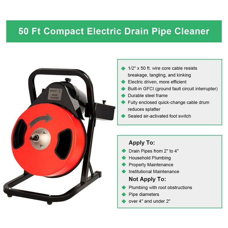 50 Ft Compact Electric Drain Pipe Cleaner Sewer Snake Auger Power Feed  GFCI!