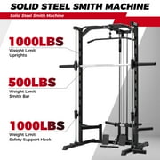 RitFit Smith Machine Power Cage Half Rack with LAT-Pull Down System, Landmine, Barbell Bar, Plate Storage Pegs and More Training Attachment, 1000 LBS Multifunction Squat Rack for Home Gym