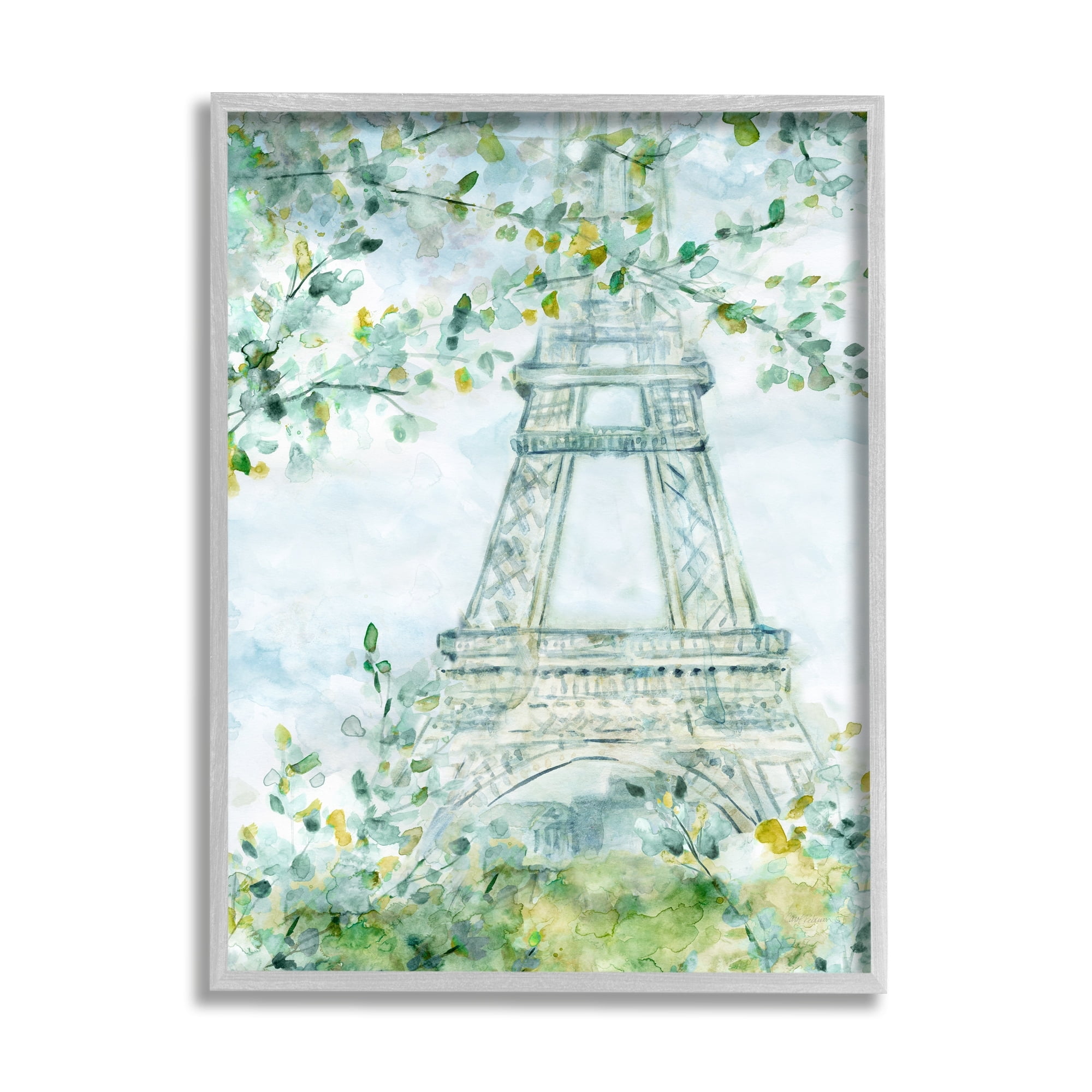 Stupell Industries Watercolor Eiffel Tower Painting Soft Green Leaf Trees, 16 x 20,Design by Carol Robinson