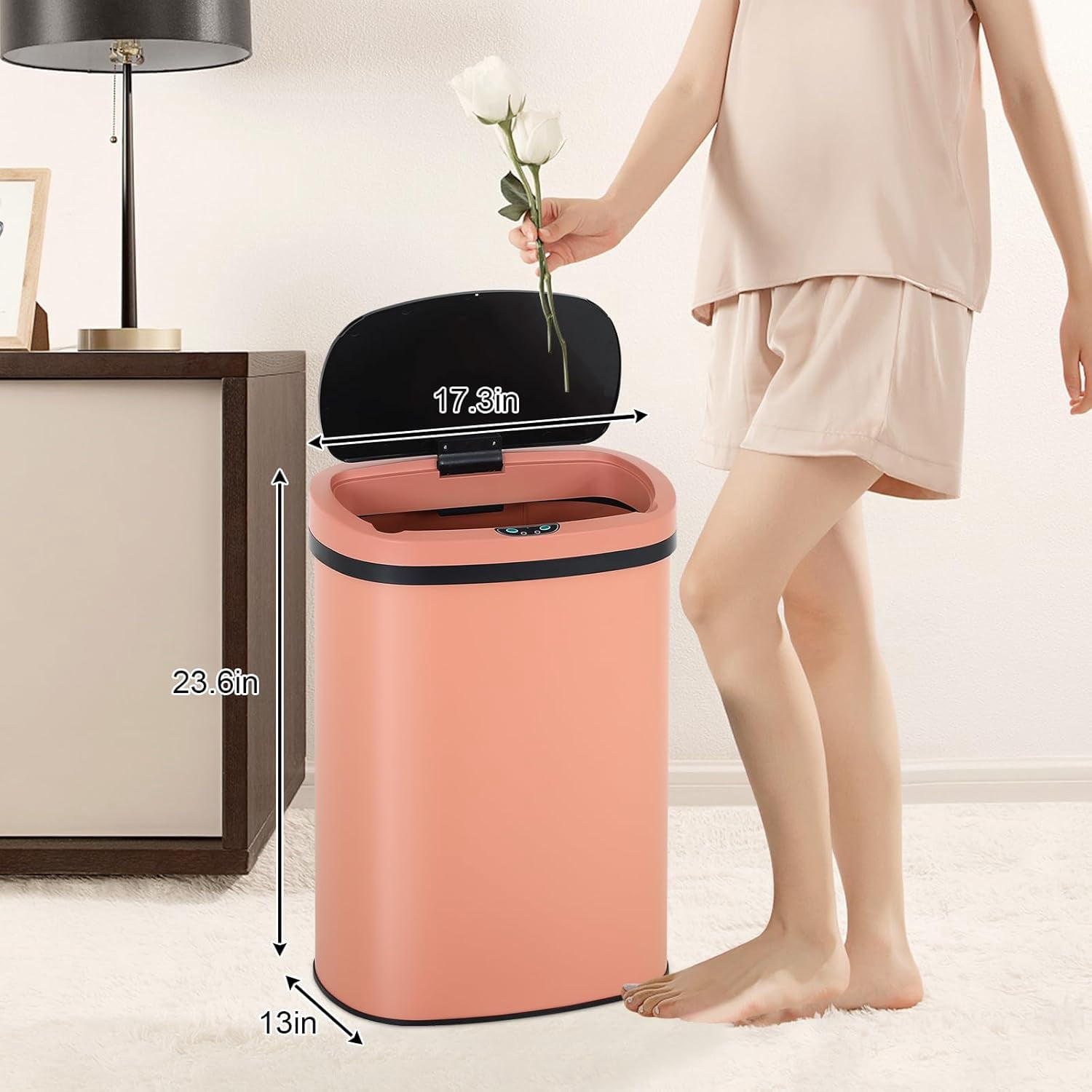Dkelincs Automatic Trash Can 13 Gallon Touch-Free Stainless Steel Kitchen Garbage Can Waste Bin with Lid, Pink
