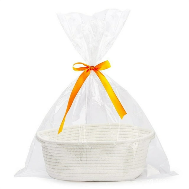 White Fabric Rope Weaving Basket With Handle For Storage And Organization Includes Ribbon And Gift Bag White