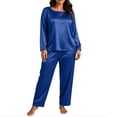 thumbnail image 3 of Women Plus Size Satin Pajama Set Sevevn Long Sleeve Crew Neck Top Wide Leg Pants Soft Sleep Loungewear For Daily Home Use, 3 of 9