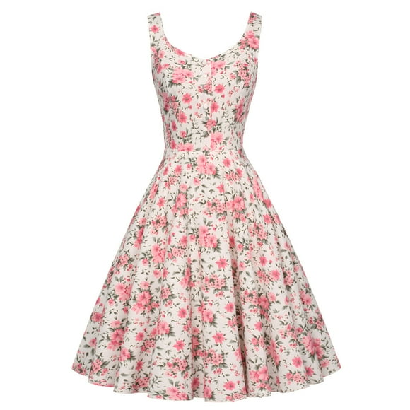 Pisexur Womens Cocktail Dresses Vintage Sleeveless 1950s Dress Fashion Floral Print Evening Party Prom Dress Flowy Elegant Midi Hawaiian Dresses Trendy Bow Homecoming Dresses
