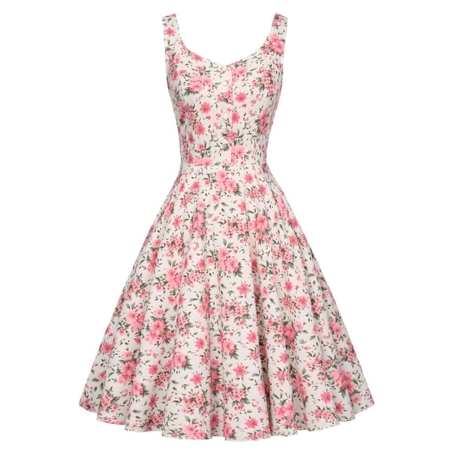 Pisexur Robes de Cocktail pour Femmes Vintage Sans Manches Robe des Années 1950 Mode Imprimé Floral Soirée Fête Bal Robe Fluide Élégante Midi Hawaïenne Robes Tendance Nœud Robes de Retour à la Maison