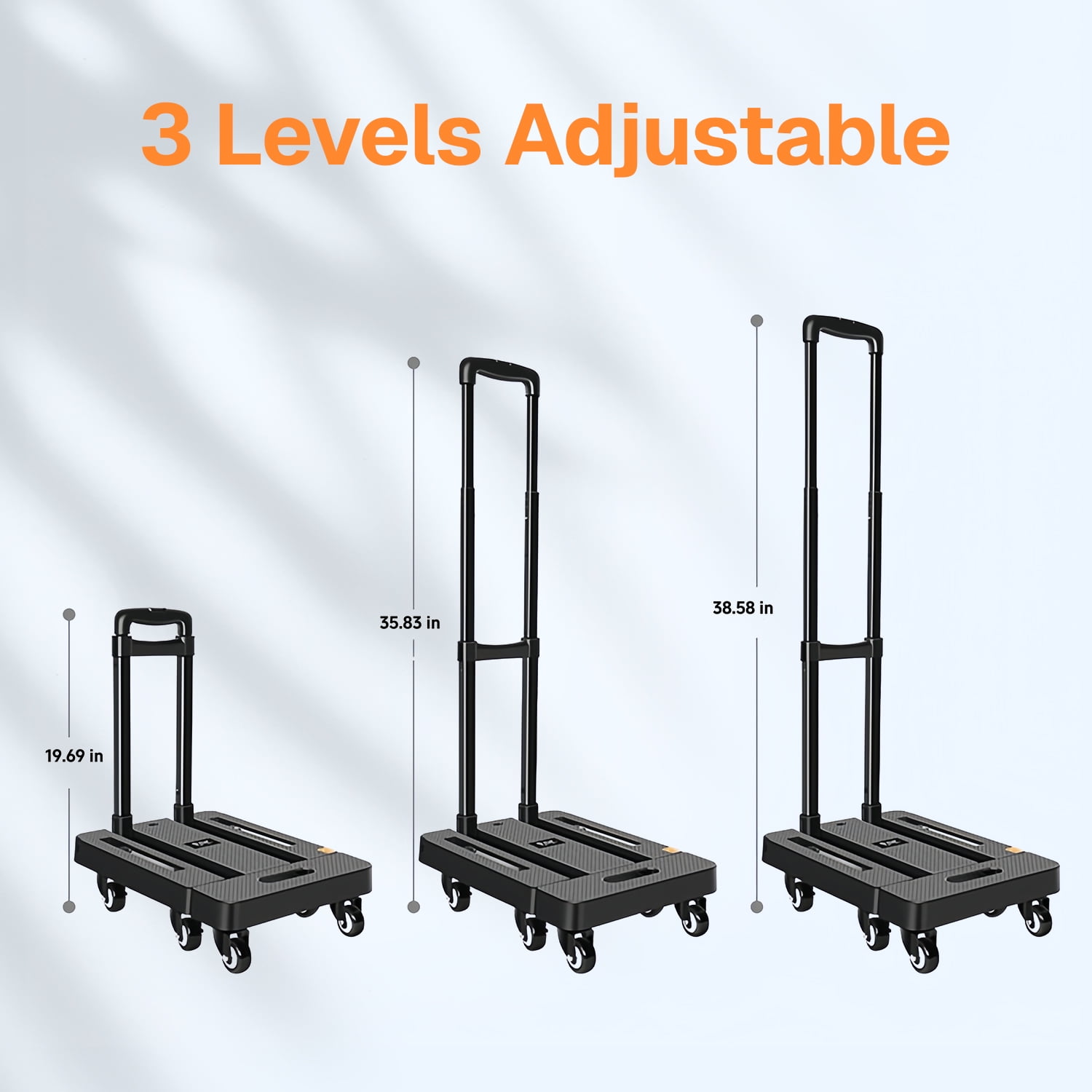 BN-LINK Folding Hand Truck, 6 Wheels Portable Dolly Cart, Lightweight Luggage Cart with 2 Elastic Rope, for Moving, Travel, House, Office, Shopping, Black