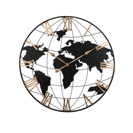 JERFIT 36 Oversized Decorative Wall Clock with Vintage World Map, Roman Numerals, Silent Non-Ticking, Black and Gold Metal for Living Room, Bedroom, Office