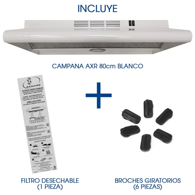 COMBO CAMPANA AXR 80CM BLANCO CON FILTRO ATRAPAGRASA EXTRA Y BOLSITA DE BROCHES DE REPUESTO SANAIRE SANAIRE COMB-AXR80BL-FILDES-BROSTD