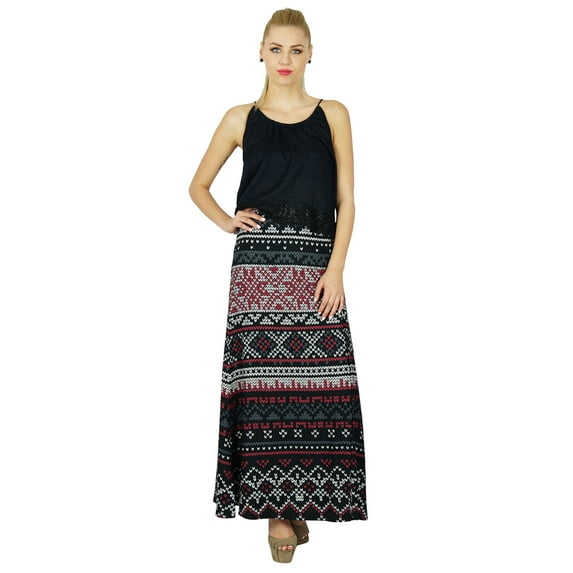 Bimba Black Rayon Printed Skirt With Slit Boho Style Maxi Indian Clothing