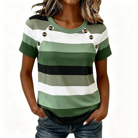 YUGYXL Short Sleeve Tops for Womens Summer Crew Neck Shirts Crew Neck Patchwork Tunics Petite Tshirts Army Green Top S