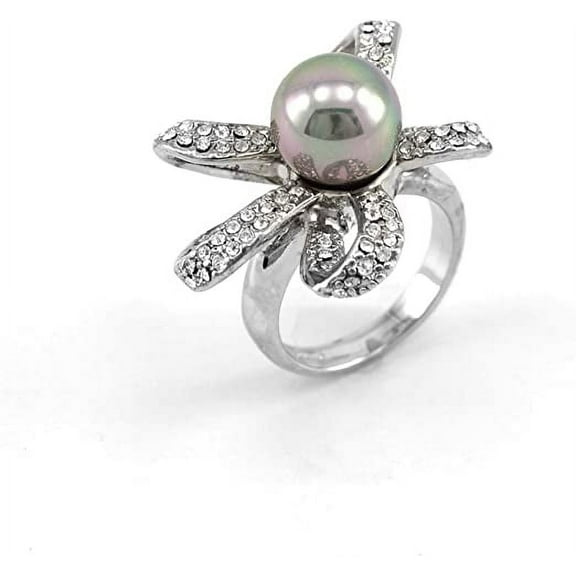 Tahitian Shell Grey Pearl Pave CZ Swarovski Stripe Flower Design Ring Rodium Plated Size 5