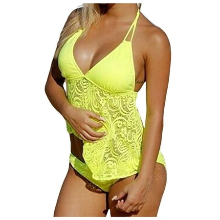 Womens Swimsuits Solid Color Lace Up Spaghetti Strap Camisole Tops And Panty Set Two Piece Tankini Swimsuits For Women Swimwears Holiday Wear Green XXL