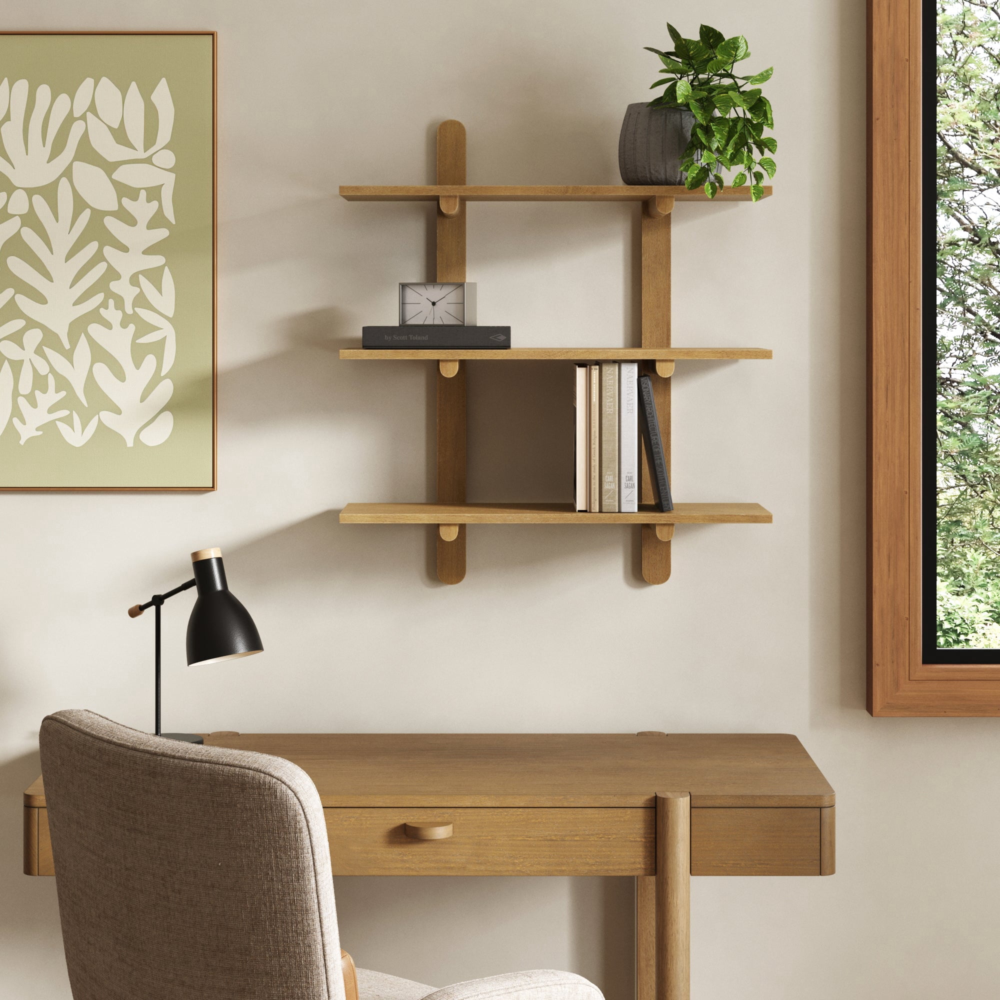 Nathan James Frankie Mid Century 3-Tier Wall Mounted Wood Shelf, Modular Wall Shelving with Solid Wood Support Frame, Light Brown