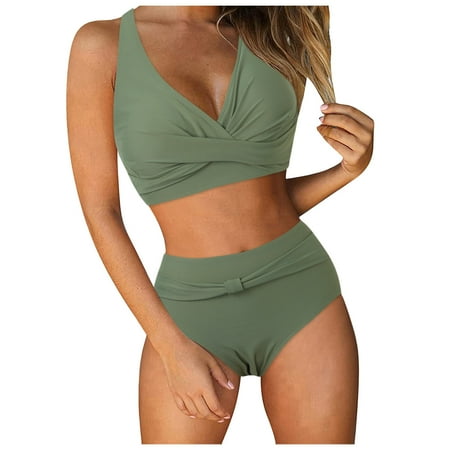 Huesdet Bikini Set for Women Two Piece Swimsuit Bandeau Top Back Tie Mid Waisted Bottom with Removable Shoulder Straps(AG XXL)