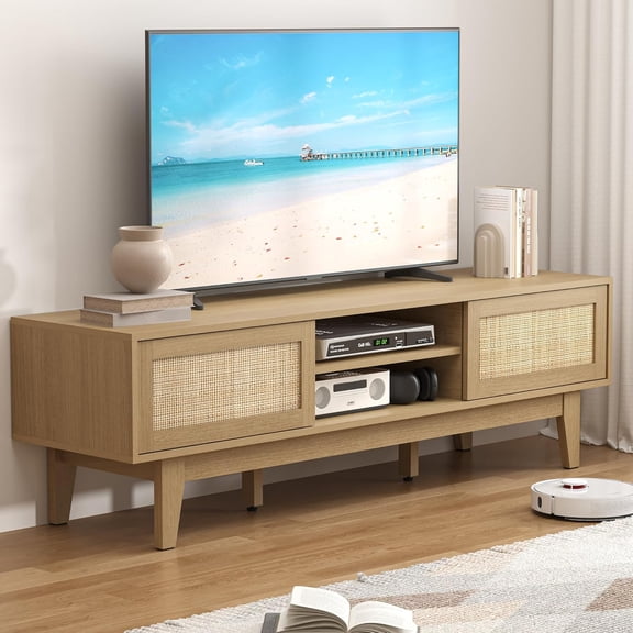 PUFFCAFE Rattan TV Stand up to 65 inch,Boho Entertainment Center with Storage & Sliding Doors,Mid Century Modern TV Console Table,Natural Oak Wood TV Stand for Living Room Bedroom