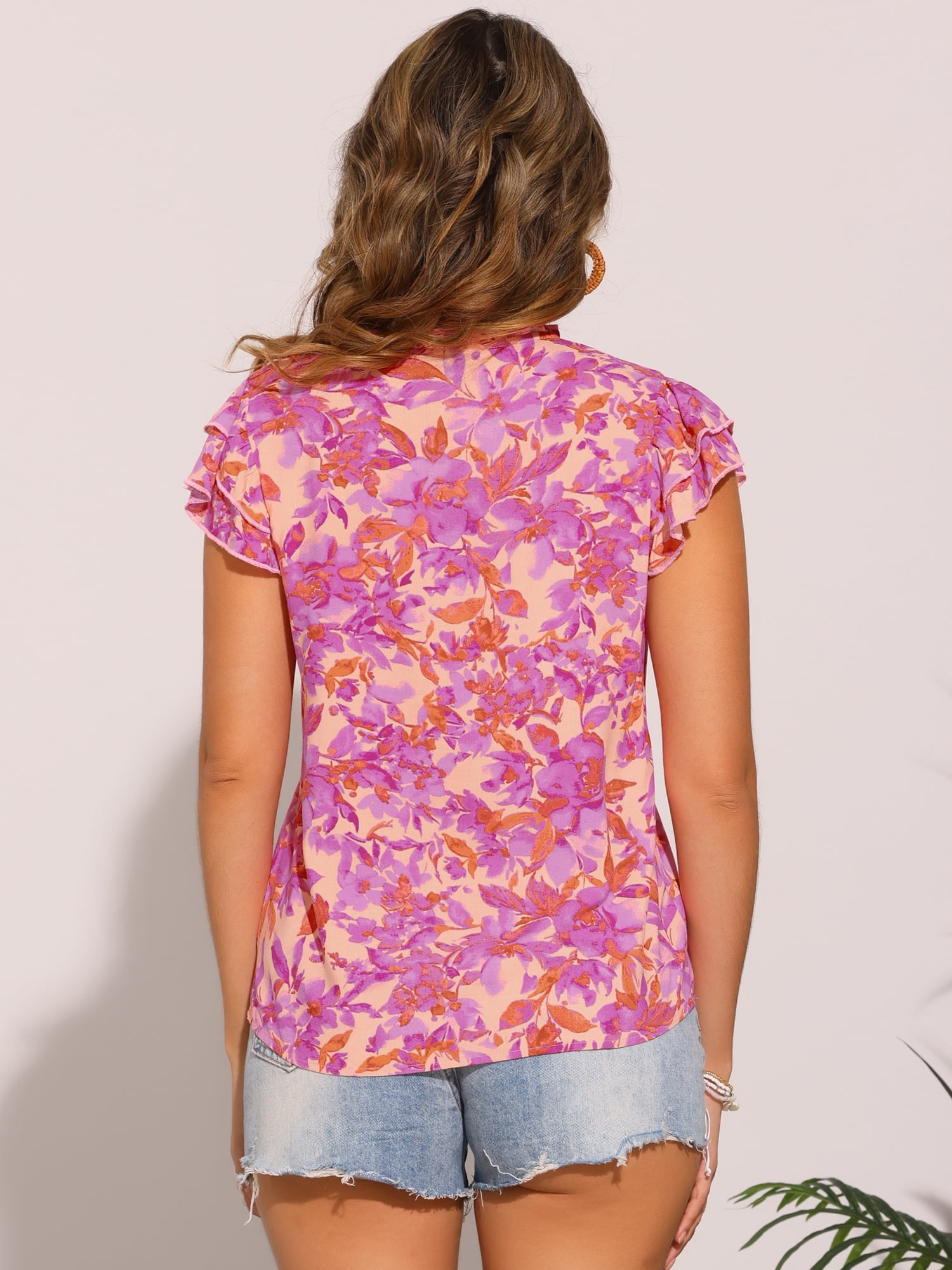 DARING DIVA Women's Ruffled V Neck Cap Sleeve Casual Floral Tops S Hot Pink